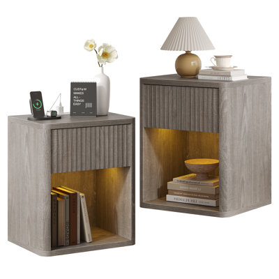 1-Drawer End Table With Charging Station, LED Nightstand With Storage For Bedroom, Living Room