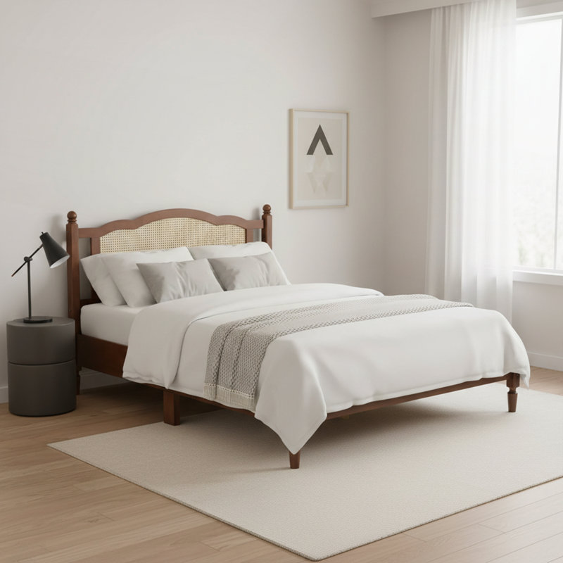 Grand lit plateforme en bois avec tête de lit en rotin naturel et support en lattes de bois