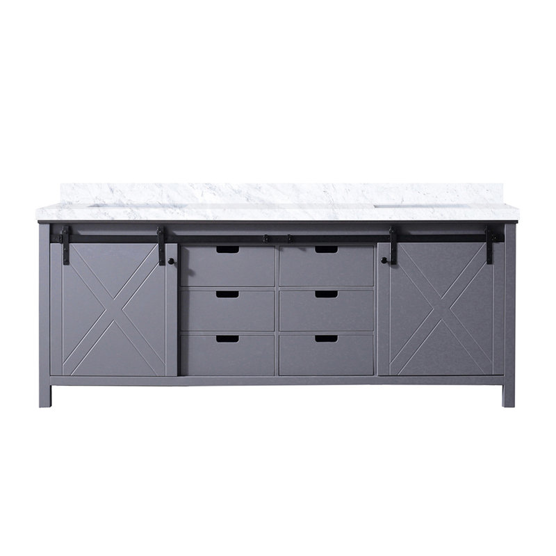 Meuble-lavabo double gris foncé l 84 po x P 22 po. Cadre en bois massif. Fermeture en douceur. Deux armoires, six tiroirs et une tablette ouverte. Grattage. Pré-percé pour 8 po Robinet réparti 84 avec