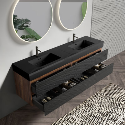 Meuble-lavabo mural 72 po avec lavabos et tiroirs en quartz Yulani