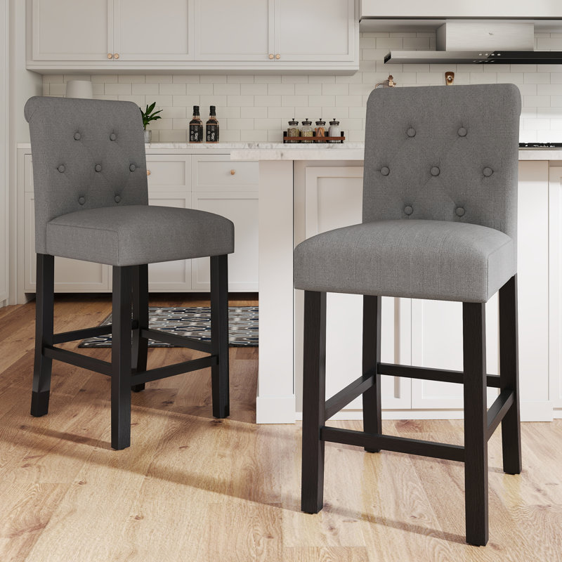 Button Tufted Barstools Upholstered Wooden Kitchen Counter Height Stools With Solid Wood Legs, Set Of 2, Gray