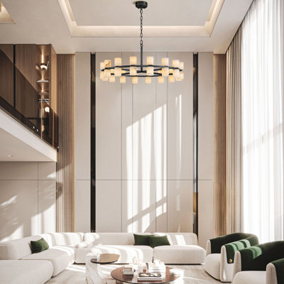 31.5" Round Kitchen Island  Alabaster Black Chandelier