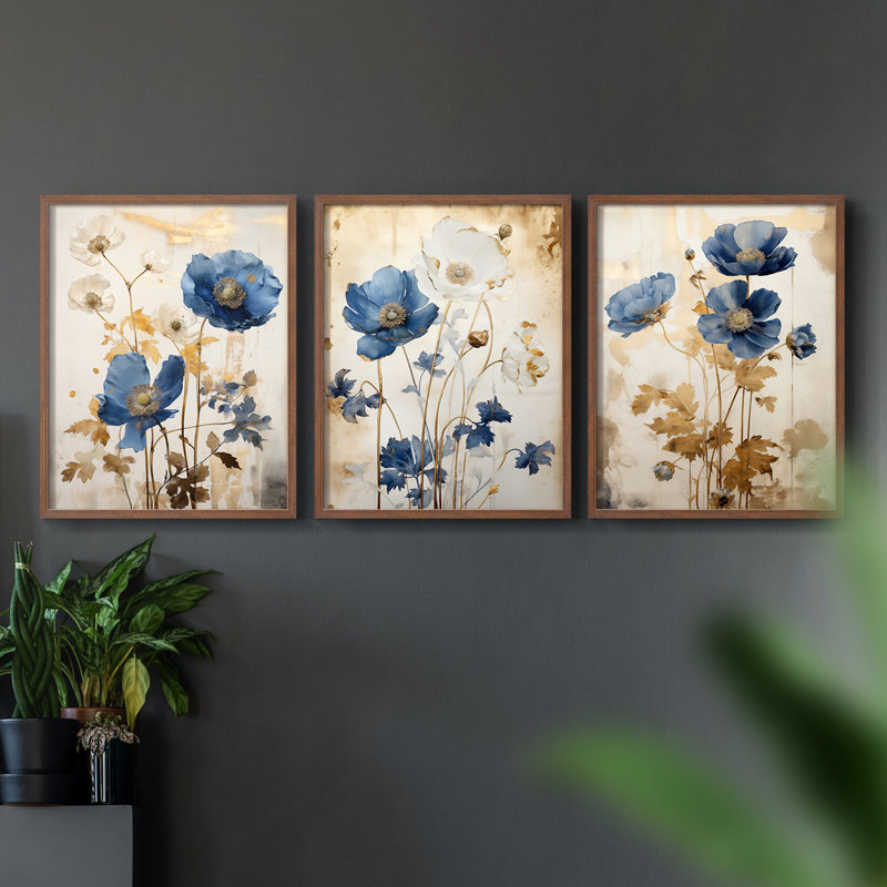 Étude florale, série XXII, ensemble de 3 estampes numériques, prêt à accrocher, Cadre noyer, H 20 po x l 16 po