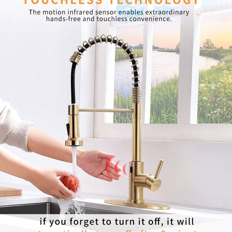 Automatic Smart Hands Kitchen Faucet In Brushed Gold, Touchless With Precise Control Motion Sensor And Pull Out Activated For Convenient Use