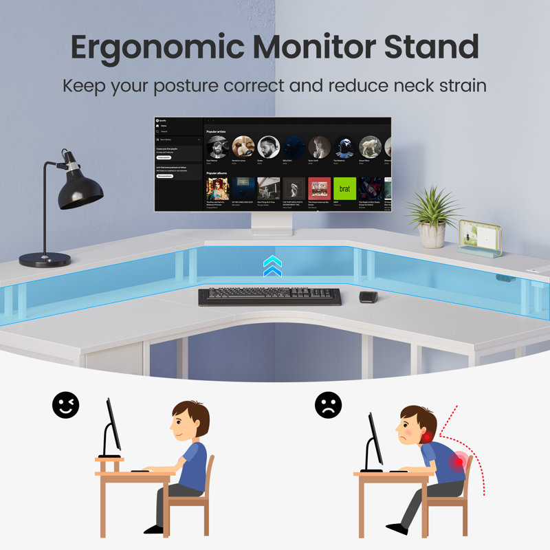 L Shaped Desk with LED Lights & Power Outlets, Computer Desk with Full Monitor Shelf, White
