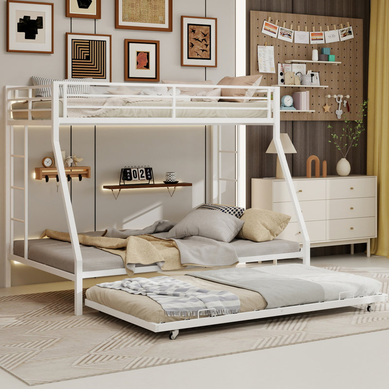 Lit superposé double avec lit gigogne, structure carrée en fer tubulaire, haute stabilité, pour la maison, dortoir, 137 cm x 190 cm, blanc