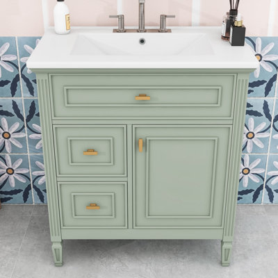 Armoire de salle de bain avec lavabo en céramique, 3 tiroirs et tablette réglable