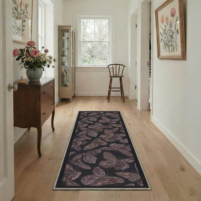Aura Boho Butterflies Animal Print Machine Washable Purple / Black Indoor Area Rug with Non-Slip Backing, Runner 2' x 6'