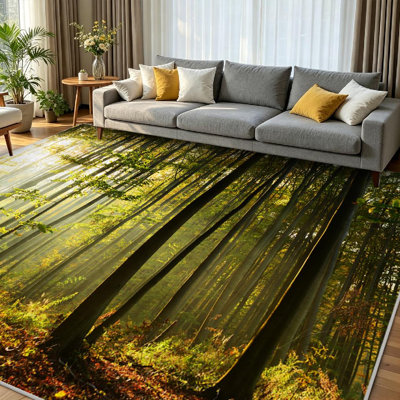 Clear Morning Forest Trees Autumn Beautiful Birch Branch Bright Brown Machine Washable Indoor Area Rug