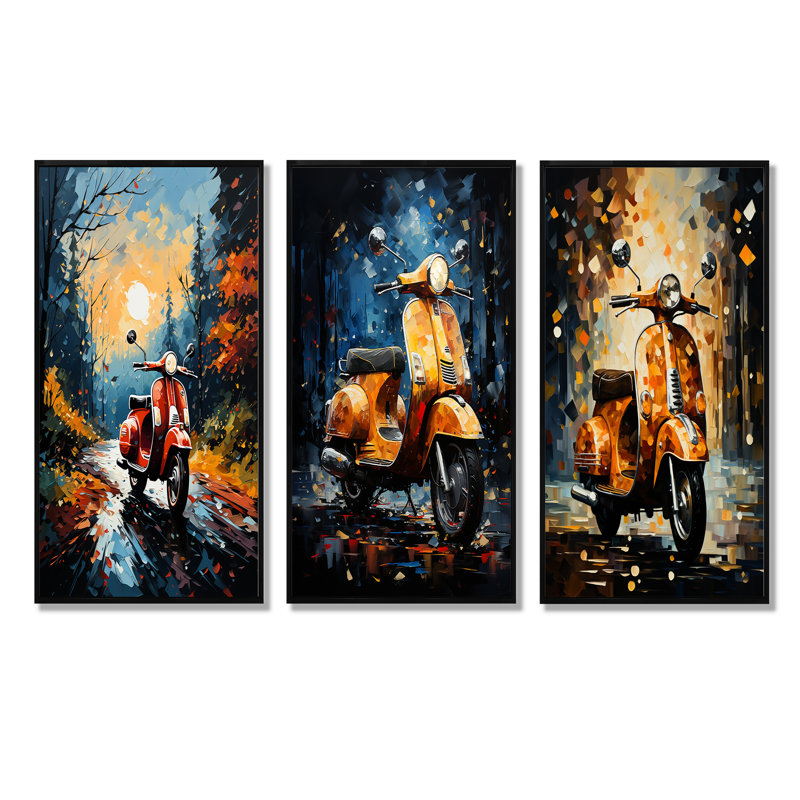 «Riding Scooter In The Country Autumn», ensemble de 3 reproductions d'art mural, Cadre flottant noir, H 28 po x l 36 po