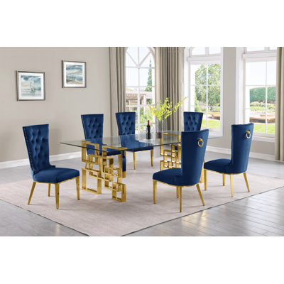 Ensemble de salle à manger rectangulaire en verre transparent avec chaises en velours L 95 po x l 46 po Borel