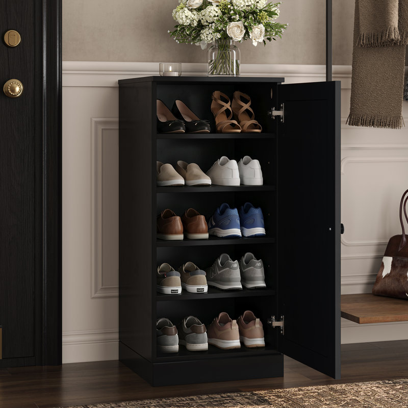 Armoire de rangement étroite à chaussures 100% en bois massif avec porte à panneau surélevé, tablettes réglables, rangement empilable peu encombrant, l 16,5 po x H 35,75 po