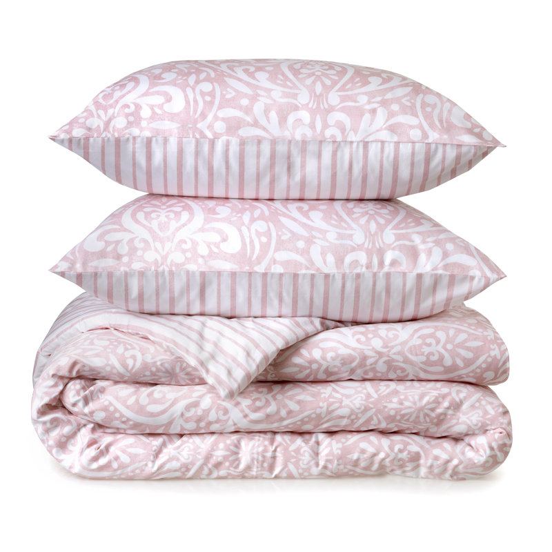 Ensemble d'édredon réversible 3 pièces Avery Medallion, Édredon pour grand lit + 2 taies décoratives sta, Rosé