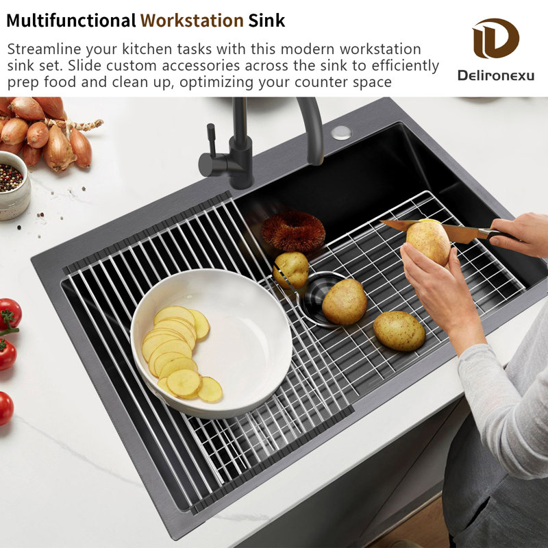 Évier de cuisine à simple cuve en acier inoxydable 33 po L