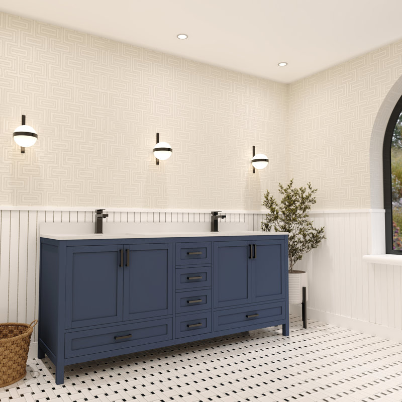 Meuble-lavabo double 72 po avec plateau en quartz blanc Rooh, Bleu, Noir mat