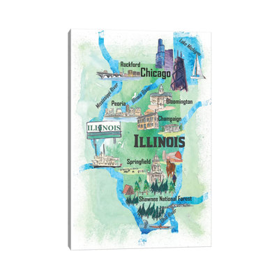 USA, Illinois Illustrated Travel 1 Piece Wrapped Canvas Wall Art