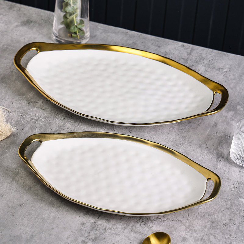 Stone Lain Florian 2-Piece Serving Oval Tray Plate Set Porcelain, White