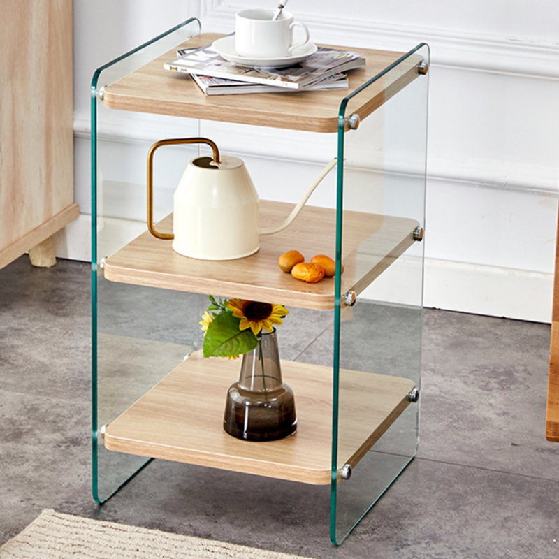 Armoire de chevet trois couches avec panneau de fibres à densité moyenne, autocollants en bois et côtés en verre trempé pour un rangement élégant