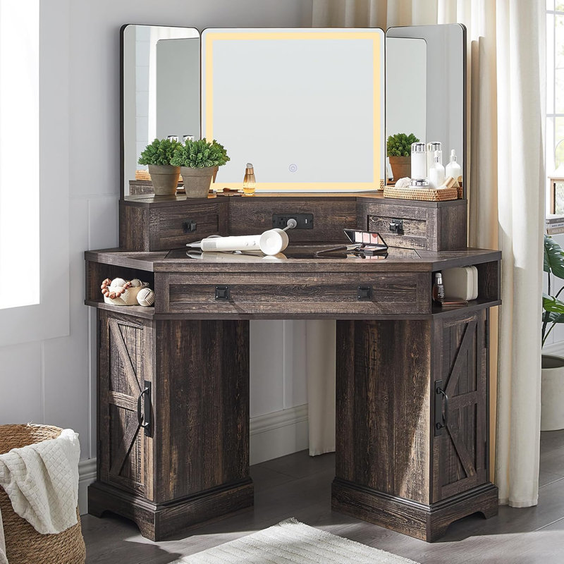 48" Corner Vanity with 3-Sided LED Mirror and Built-in Charging Station, Black