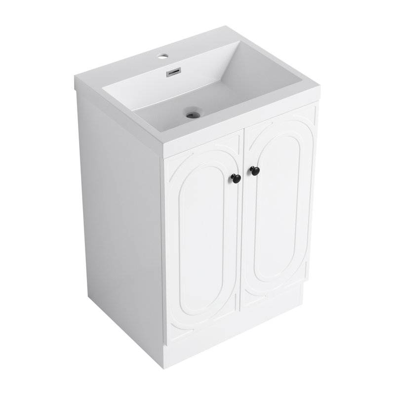 Meuble-lavabo autoportant avec lavabo en résine et 2 portes d'armoire à fermeture en douceur (emballage KD), meuble-lavabo