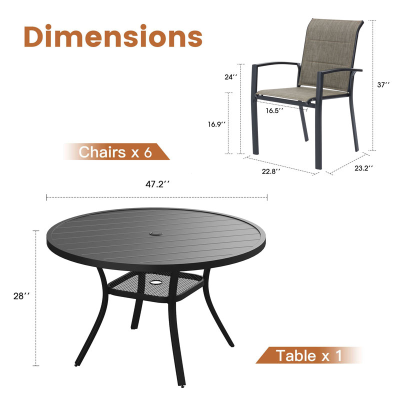 Ensemble de salle à manger de patio avec table de salle à manger ronde 47,2 po et 6 chaises rembourrées en textilène