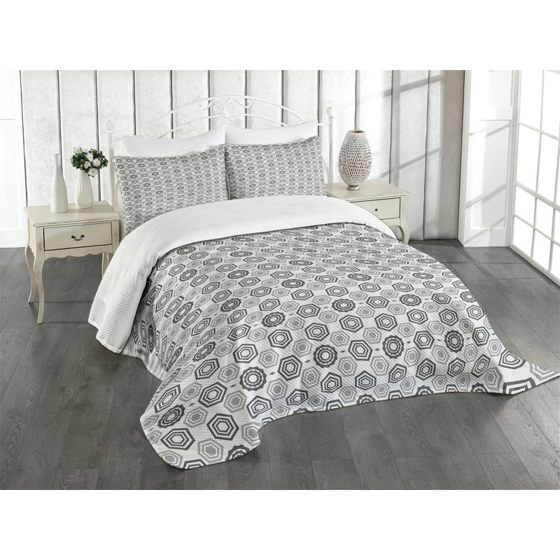 Ambesonne Geometric Bedspread Set Abstract Hexagons Grey Pale Grey, King Coverlet/Bedspread + 2 Standard Shams