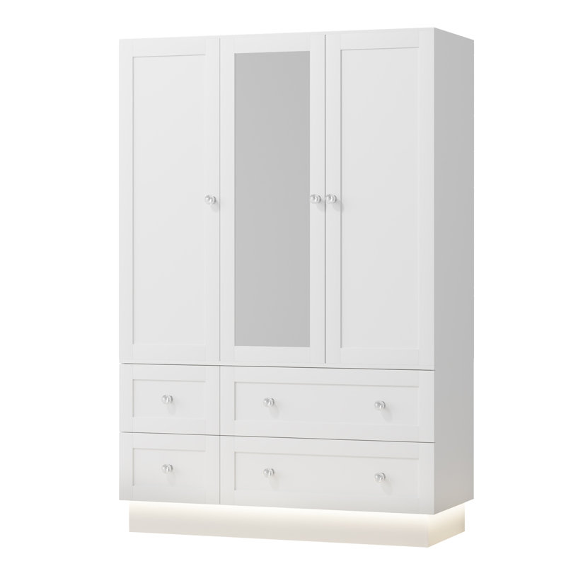 Armoire Wardrobe Closet With Mirror And RGB Light, 3 Door Wooden Storage Cabinet With Drawers, Hanging Rod And Storage Compartment