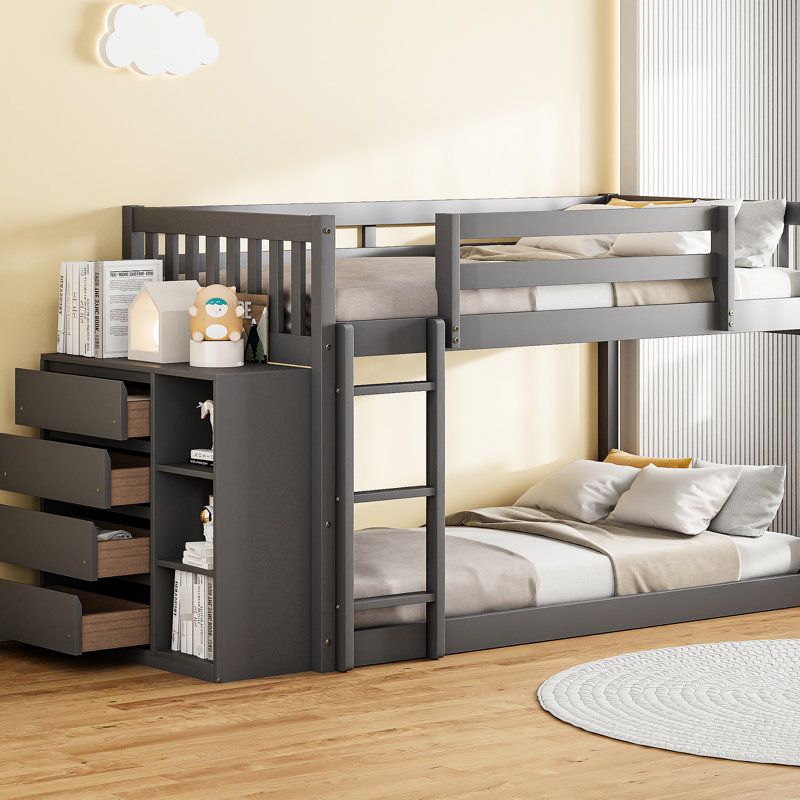 Lit superposé simple avec 3 tablettes et 4 tiroirs, design gris, construction robuste