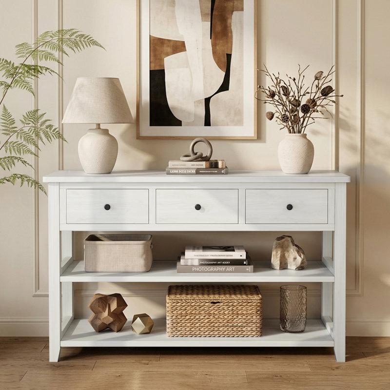 Nibbi 47" Console Table with Wood Frame and Legs, 3 Drawers and 2 Open Shelves Gray, Beige 