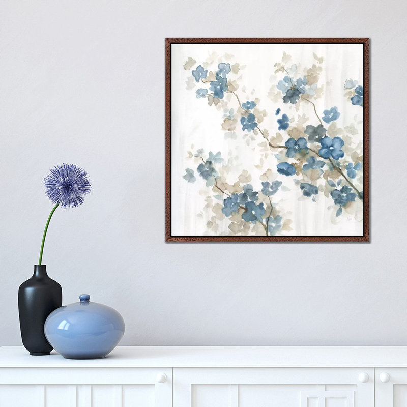 Dogwood In Blue II by Nan - Painting on Canvas, 45.72 cm H x 45.72 cm W, Classic Brown Wood Framed