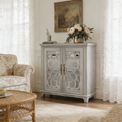 Elegant Sideboard with Mirrored Doors, Adjustable Shelf, and Hollow-Carved Accents for Versatile Storage in Living Room or Kitchen.