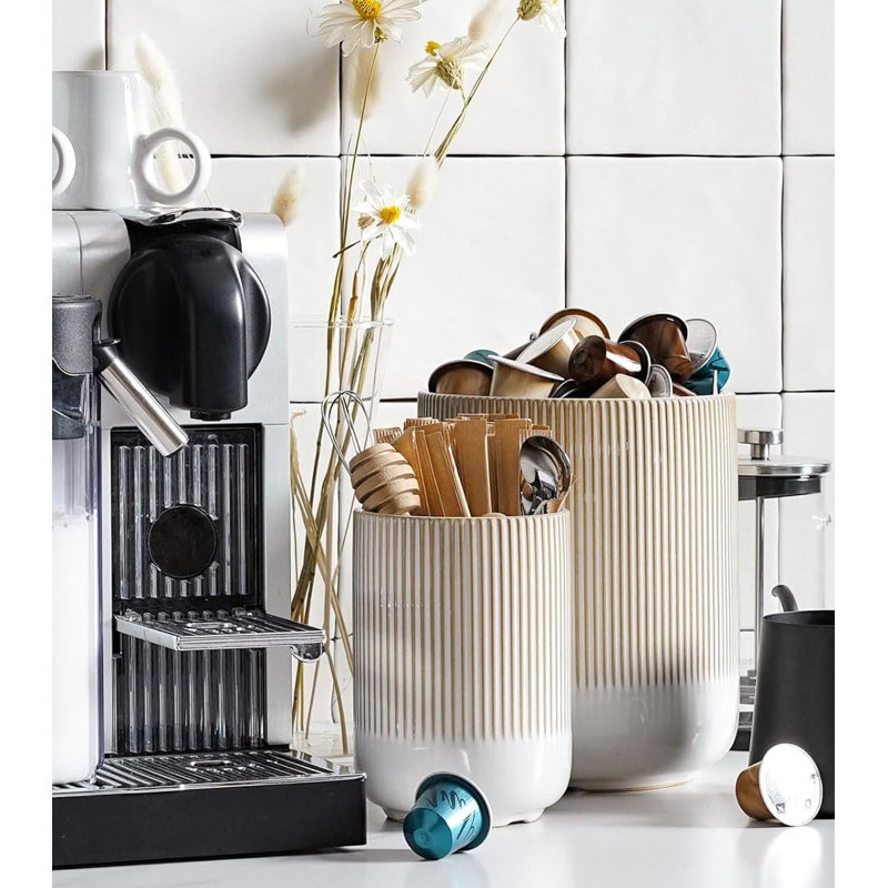 Set of 2 Arctic White Ceramic Utensil Holders (7.3”+5.4”) - Boho Farmhouse Style