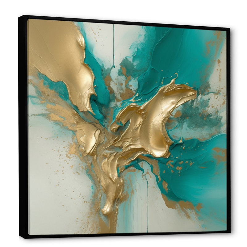 Marbre doré et turquoise Fuild Ink II - impression abstraite sur toile marbrée, H 36 po x l 36 po x P 1,5 po