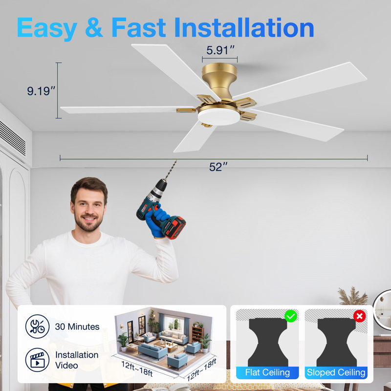 Ventilateur de plafond encastré 52 po à 52 pales avec éclairage à DEL intérieur, télécommande et commande vocale via Alexa, à intensité variable