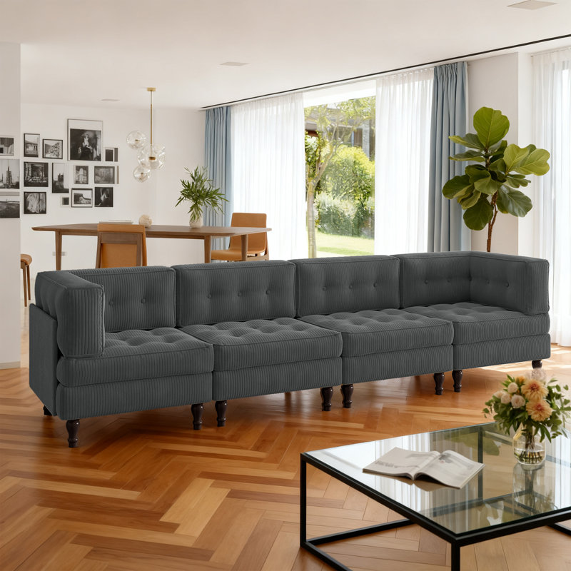 4 - Piece Upholstered Gray Tufted Corduroy Modular Sectional with Pillow Back, 4, 31.8" H x 130.6" W x 32.6" D, Gray