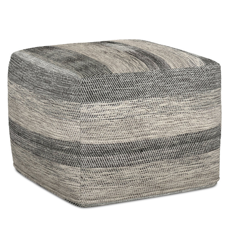 Clay 18"W Upholstered Cotton Boho Square Pouf in Grey Melange with Decorative Stitching, Gray Melange