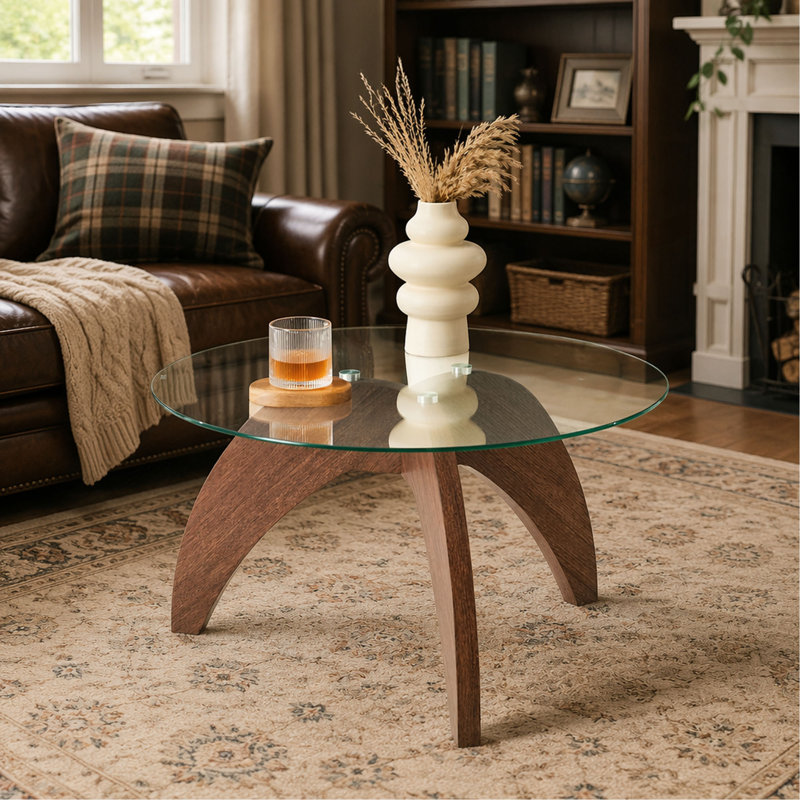 Table basse créative de style triangulaire à pattes rondes, d'environ 27,5 pouces de diamètre, avec plateau en verre trempé transparent et panneau de fibres à densité moyenne de couleur noyer.  comme table basse de salon, etc.