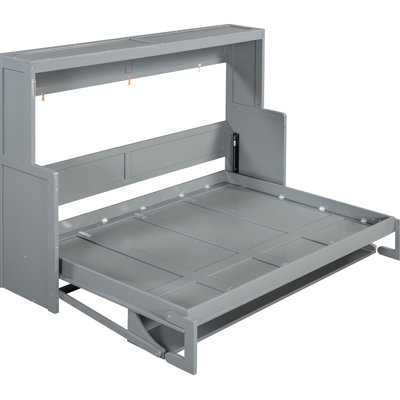 Gray Full/Queen Wall Bed With Space - Saving Feature And Hydraulic Folding, Frame, Built In Mattress Storage