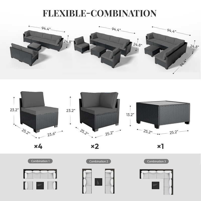  Patio Furniture Set - All-Weather,Water-Resistant - 7 Piece Patio Wicker Rattan Sectional Sofa, Modular Outdoor Conversation Set for Backyard, Garden, Poolside, Balcony