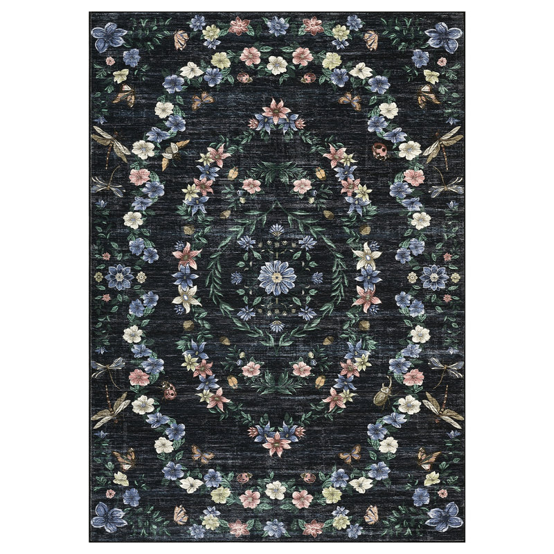 Tapis lavables rétro floraux pour la chambre à coucher, le salon et le couloir, Noir, Rectangle 9' x 12'