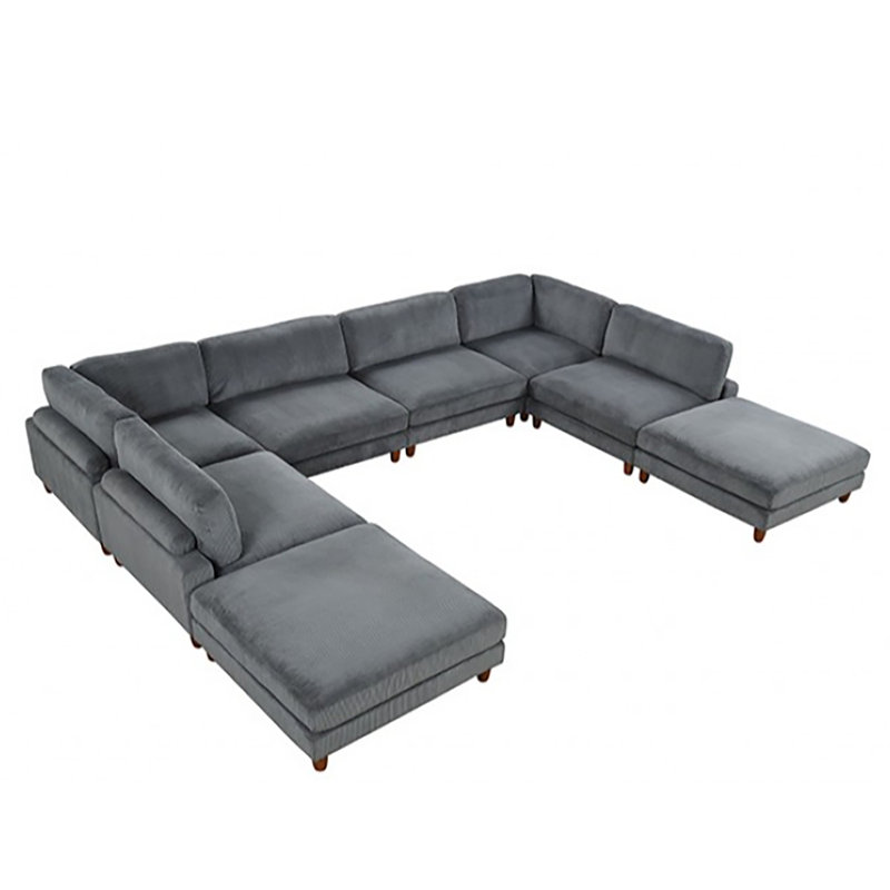 Canapé modulaire à 8 places Connors, Velours côtelé gris / velours