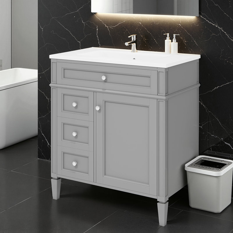 Meuble-lavabo sur pied simple 30 po avec lavabo supérieur et comptoir avec tiroir et miroir, Gris
