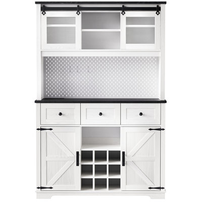 71" Coffee Bar Cabinet In White Oak. With Internal Storage Rack, Sliding Door, Power Outlet, . Ideal For Pantry, Alcohol Cabinet. Has Diy , Wine & Glasses Rack. Construction Rustic With Storage, , ,