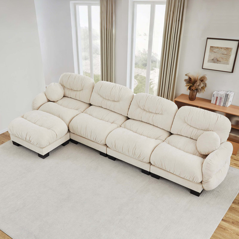 Canapé modulaire plissé en chenille avec mousse ergonomique et repose-pieds, Chenille - Beige