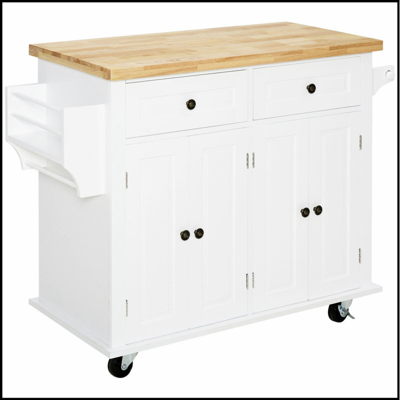Îlot de cuisine polyvalent avec plateau en bois d'hévéa, supports à épices et à serviettes, tiroirs, finition blanche