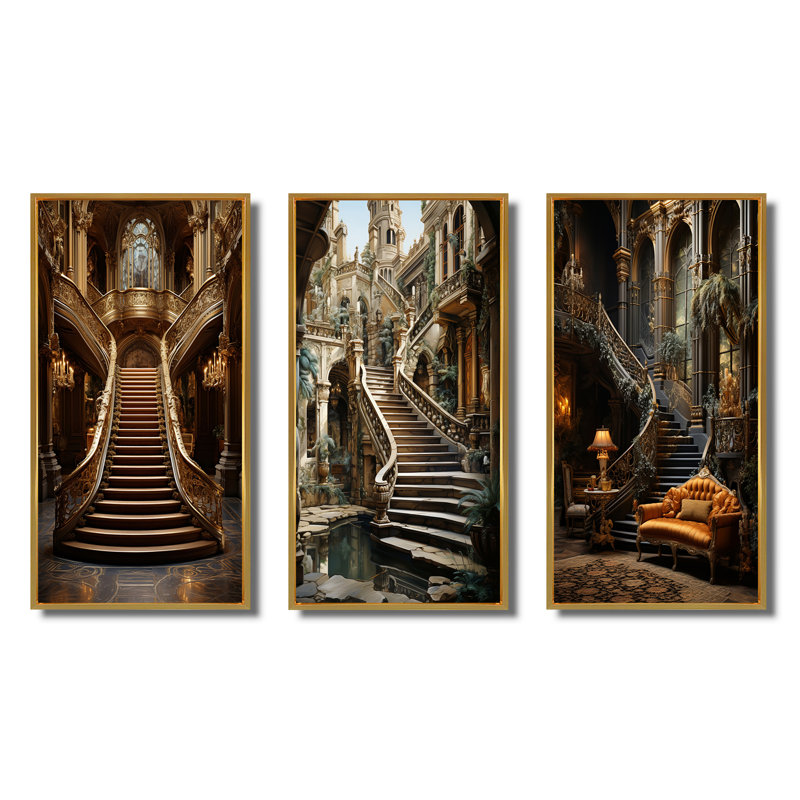 Castles Royal Refuge Rich - ensemble de 3 reproductions, Encadrement doré, H 32 po x l 48 po