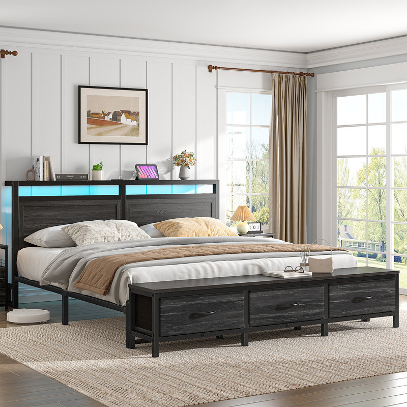 Farmhouse Bed Frame With 3 Storage Drawers Bench, Led Lights And Charging Station, Gray, Queen