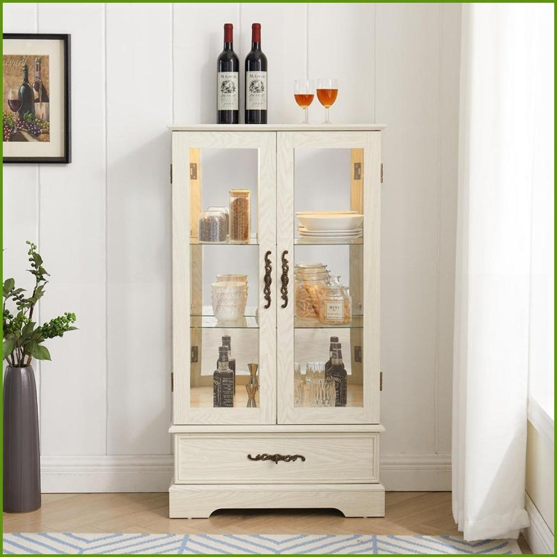 Curio Display Cabinet with LED Lights Adjustable Shelves 2 Doors 1 Drawer American Retro White | MDF+Glass, White