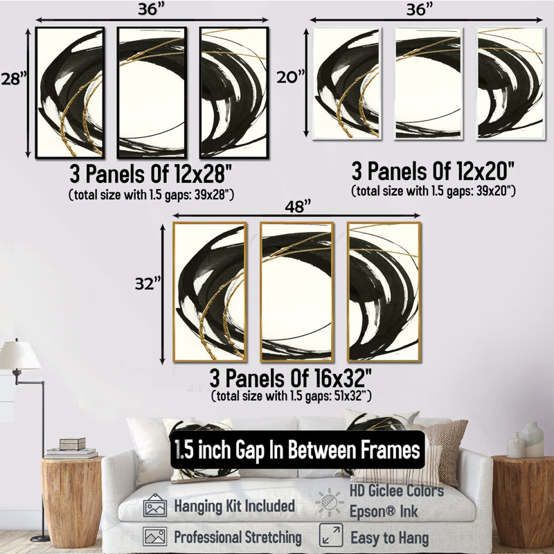 Gold Glamour Circle I - Posh & Luxe, ensemble de 3 toiles encadrées, L 36 po x H 28 po, Cadre blanc