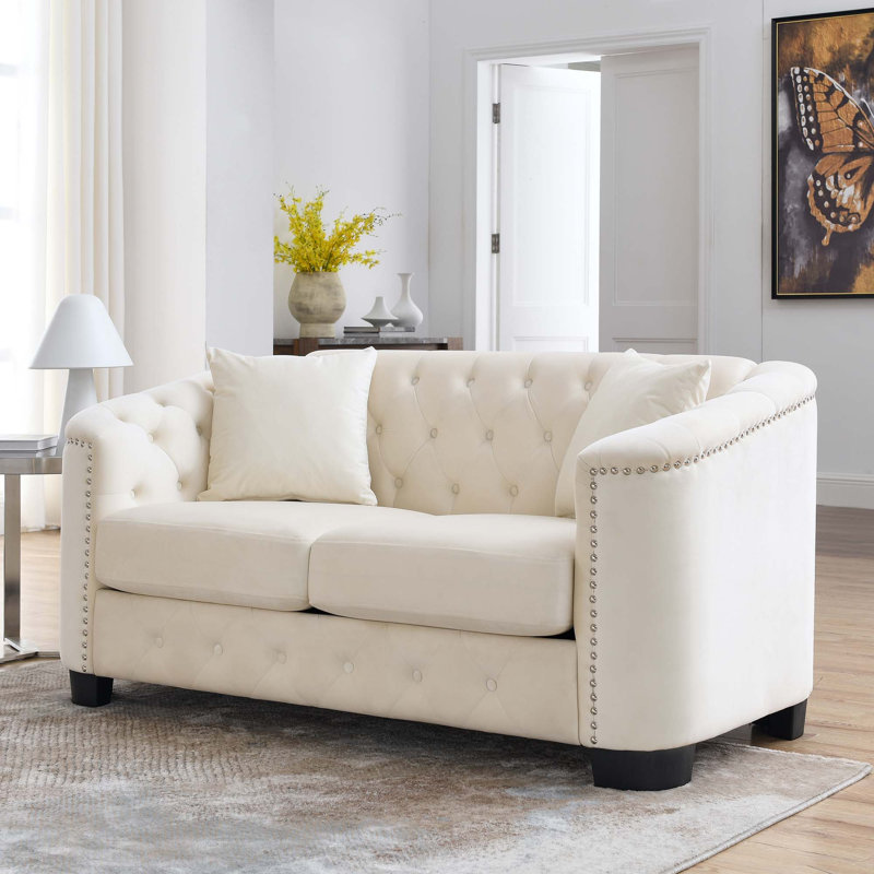Hafid 76.89'' Velvet Sofa, Beige Velvet, 30" H x 59" W x 31.5" D